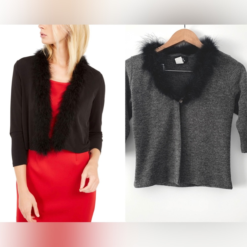 🌟PRICE DROP🌟 LIKE-NEW! COSTA BLANCA grey FEATHER TRIM one button SHRUG SWEATER